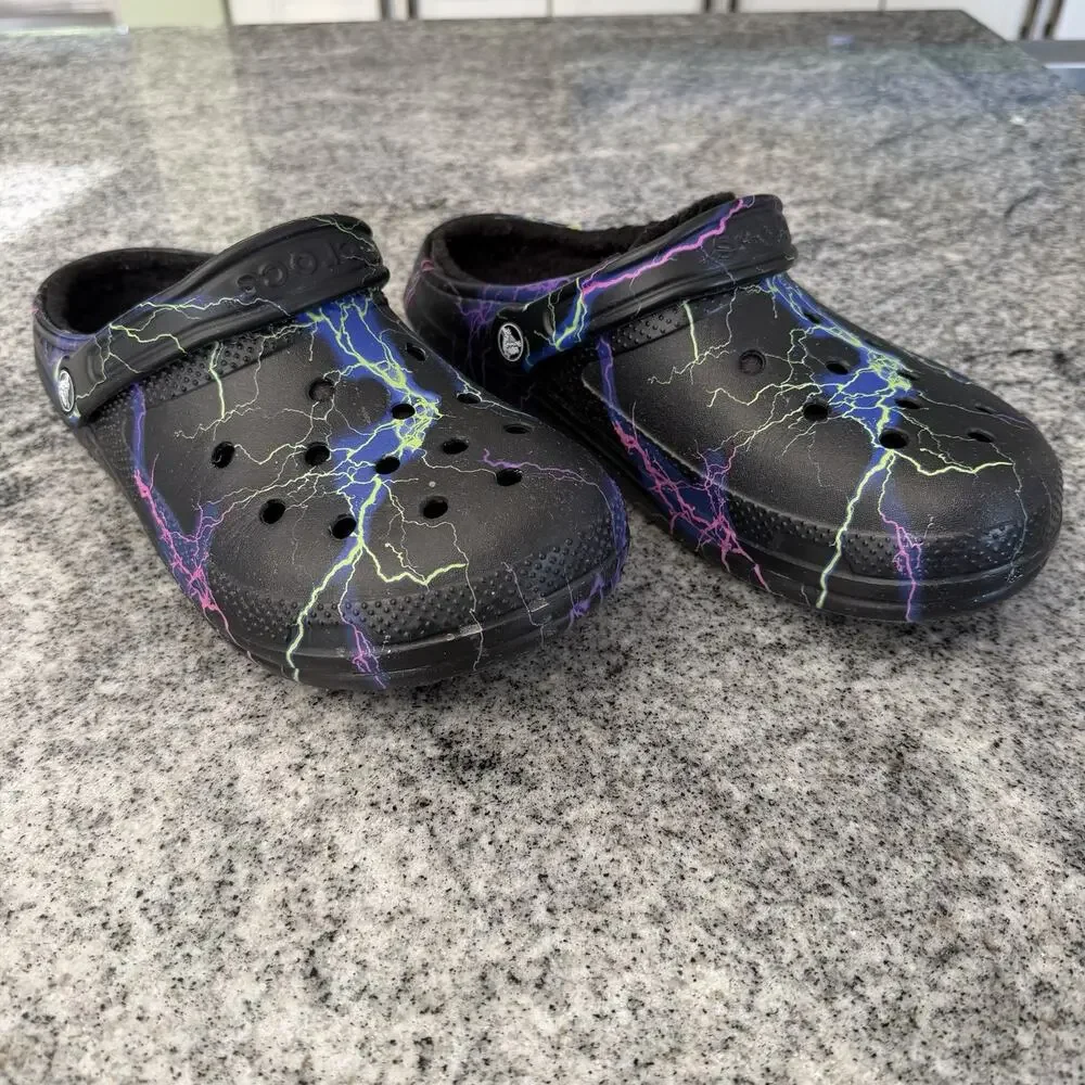 CROCS Classic Lined Clogs Black w Multicolor Lightning Bolts- Men's 8/Women's 10